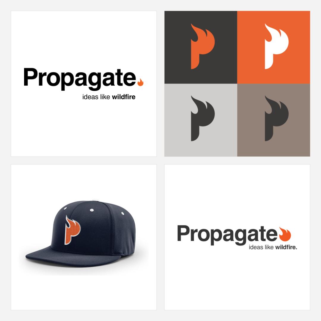 Propagate rebrand: first wordmark, the mark four ways, a hat mockup, and the final logo